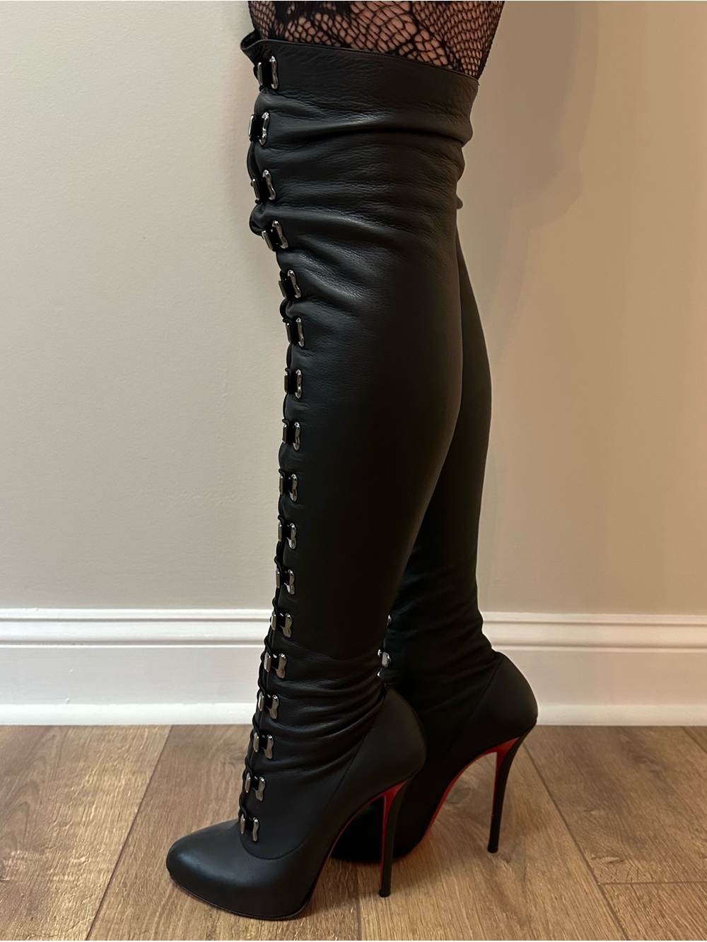 Ultra Rare Christian Louboutin Croche BlackOver-the-Knee Lace-Up Stiletto Boots - Picture 2 of 9